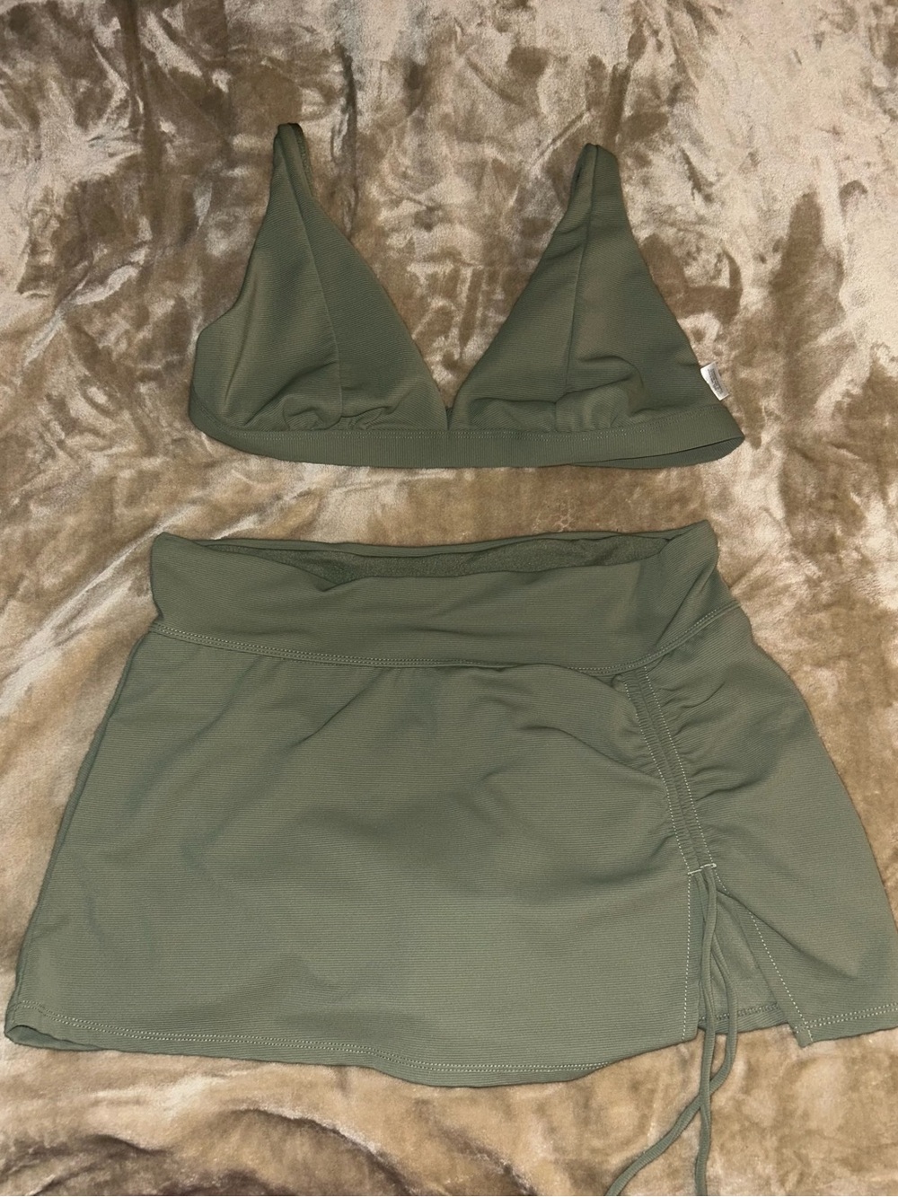 Time and Tru Olive Green Triangle Bikini Top with Ruched Swim Skirt
